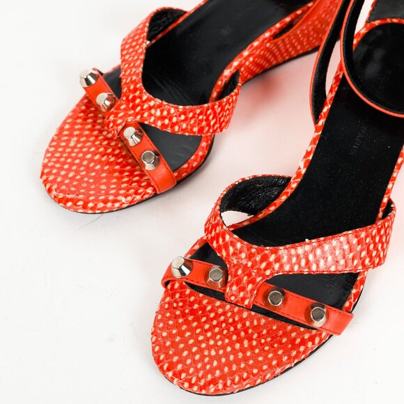 Balenciaga Orange Snakeskin-Embossed Studded Wedge Sandals - Picture 6 of 11